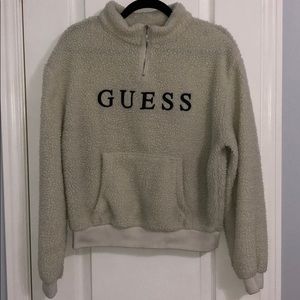 GUESS 1/4 Zip Faux Shearling Sweater - S - White